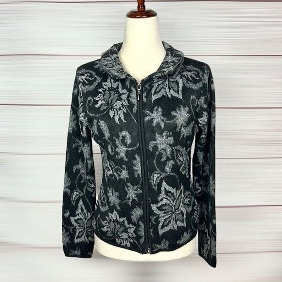 Peruvian Link Alpaca Black Gray Floral Zip Front Mock Neck Cardigan Sweater S - Picture 1 of 12